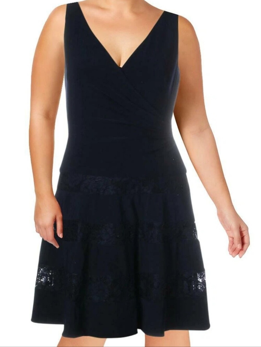 Lauren Ralph Lauren Navy Lace-Trim Draped Midi Dress